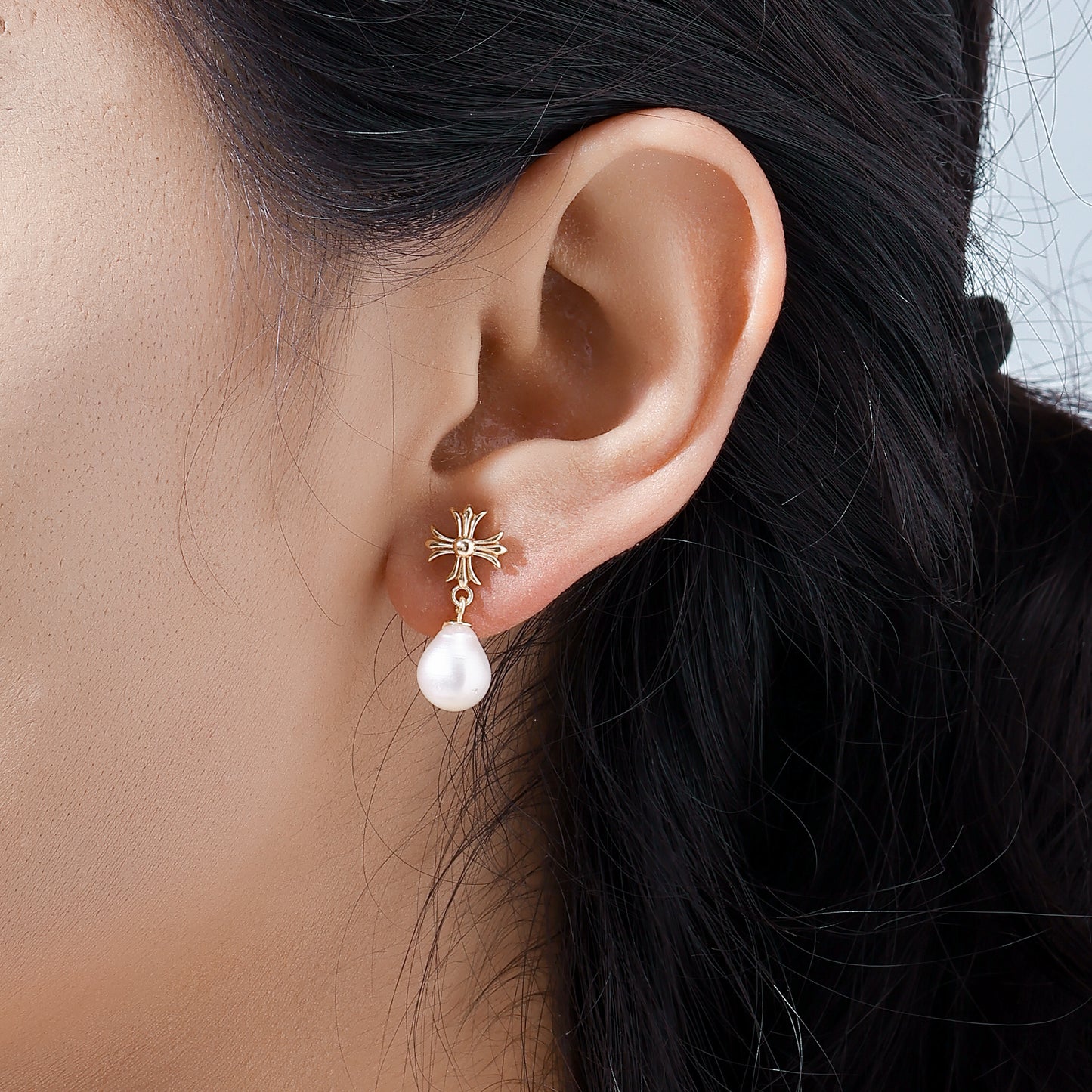 Teardrop Pearl Earrings with Cross Stud