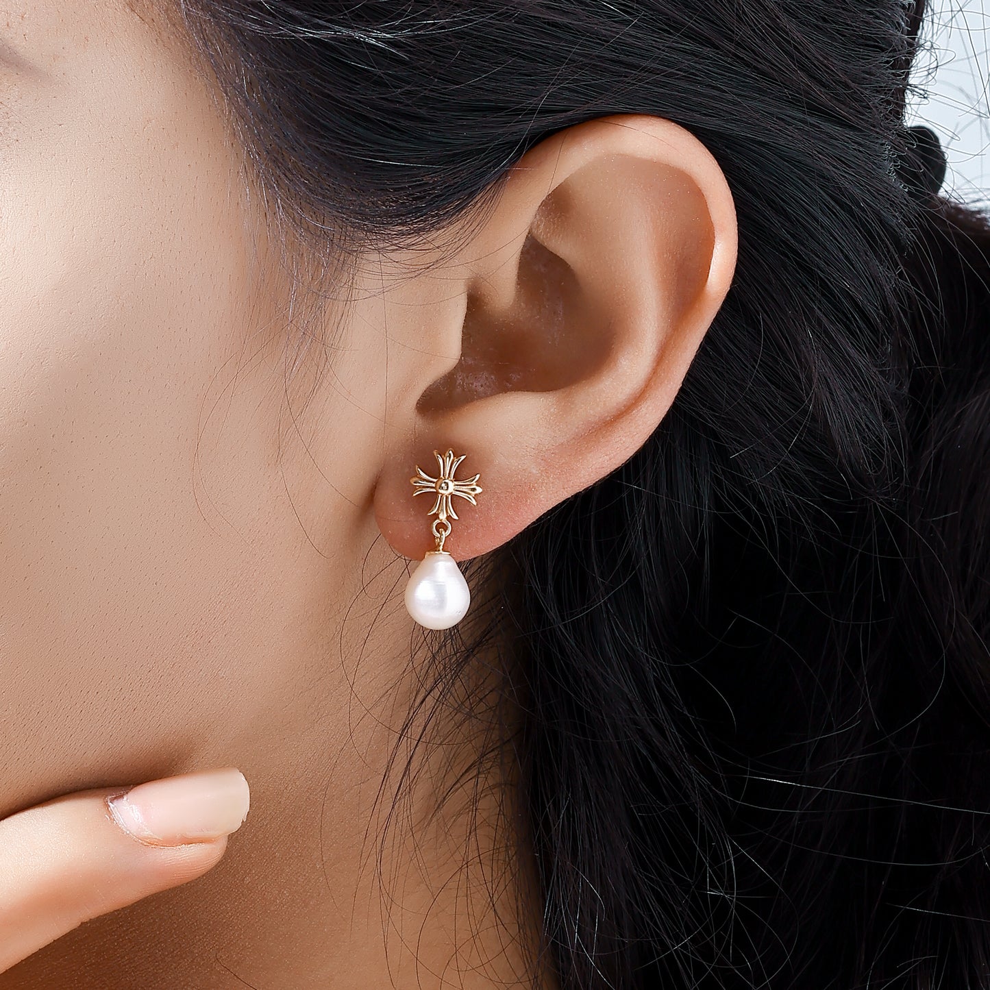 Teardrop Pearl Earrings with Cross Stud