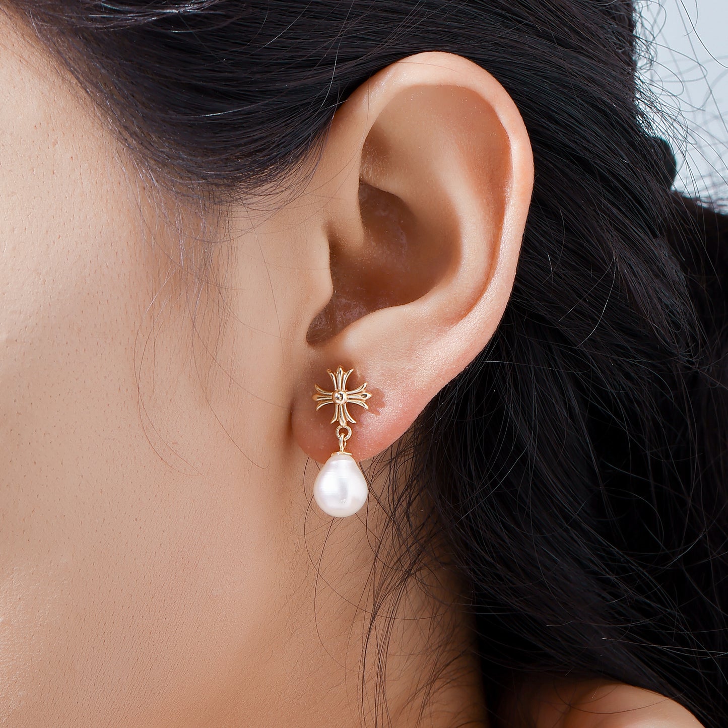 Teardrop Pearl Earrings with Cross Stud
