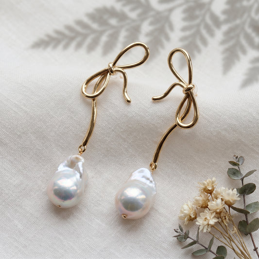 Bow Baroque Pearl Drop Earrings in 14K Gold Plated | 925 Sterling Silver