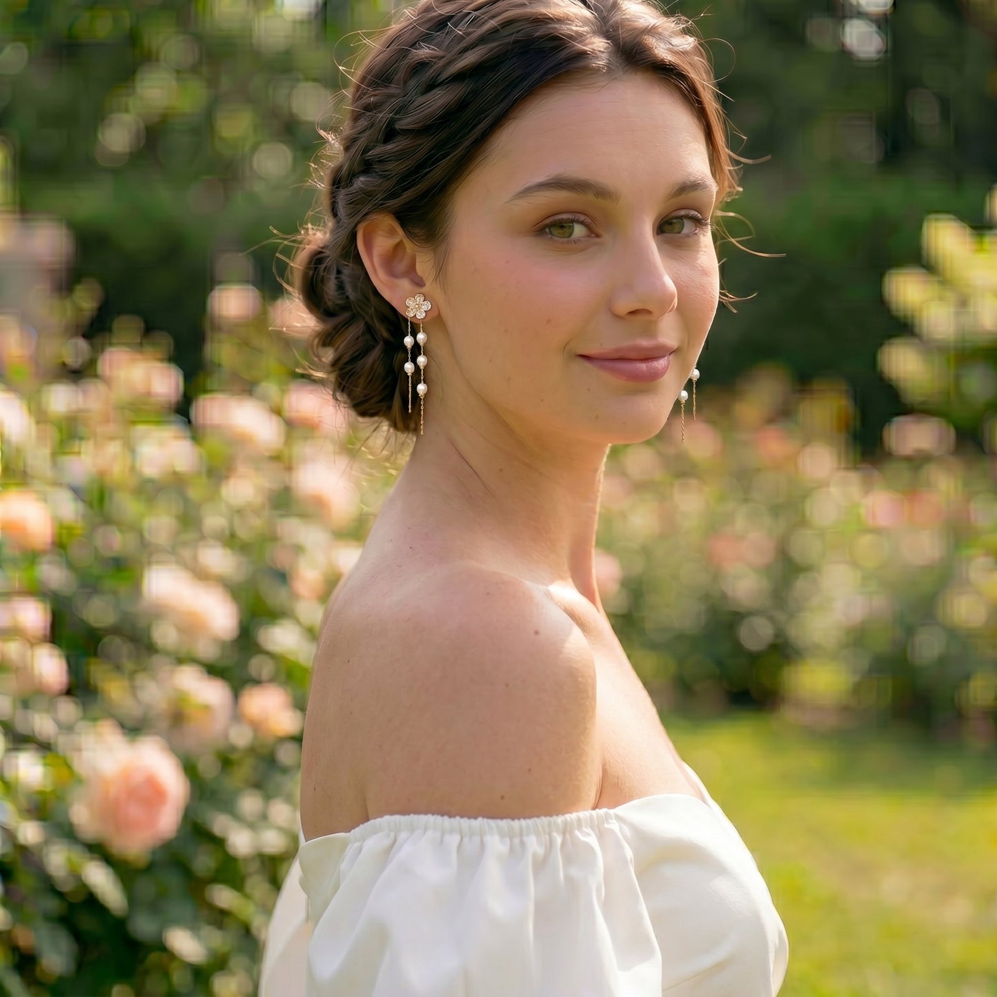 Flower Pearl Drop Earrings in 14K Gold Plated