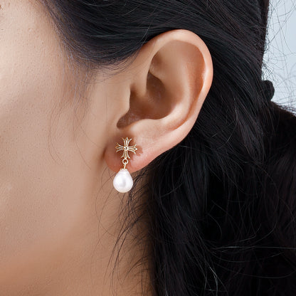 Teardrop Pearl Earrings with Cross Stud