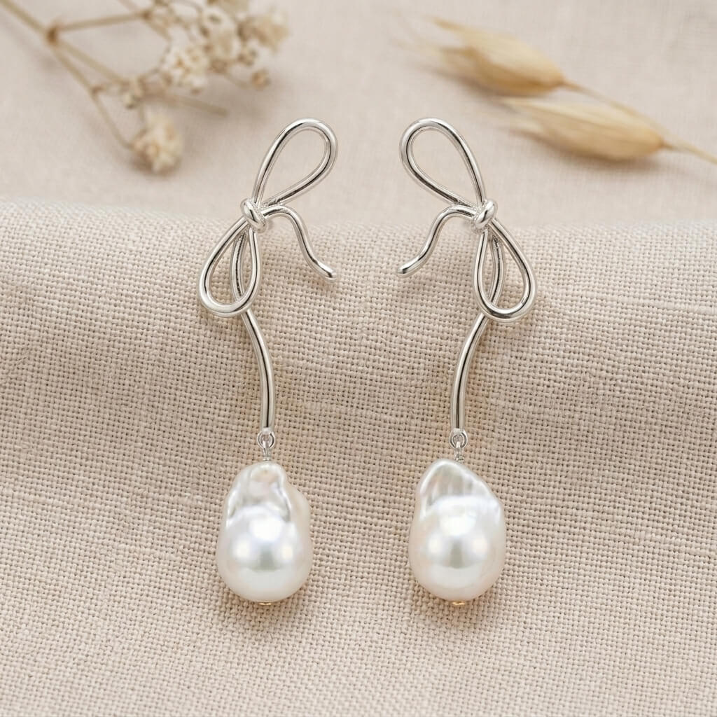 Bow Baroque Pearl Drop Earrings in 14K Gold Plated | 925 Sterling Silver