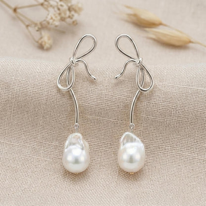 Bow Baroque Pearl Drop Earrings in 14K Gold Plated | 925 Sterling Silver