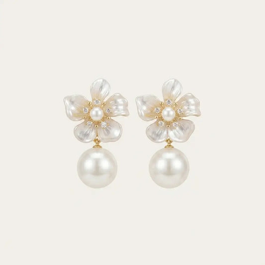 Floral Pearl Drop Earrings | Gold Bridal Jewelry