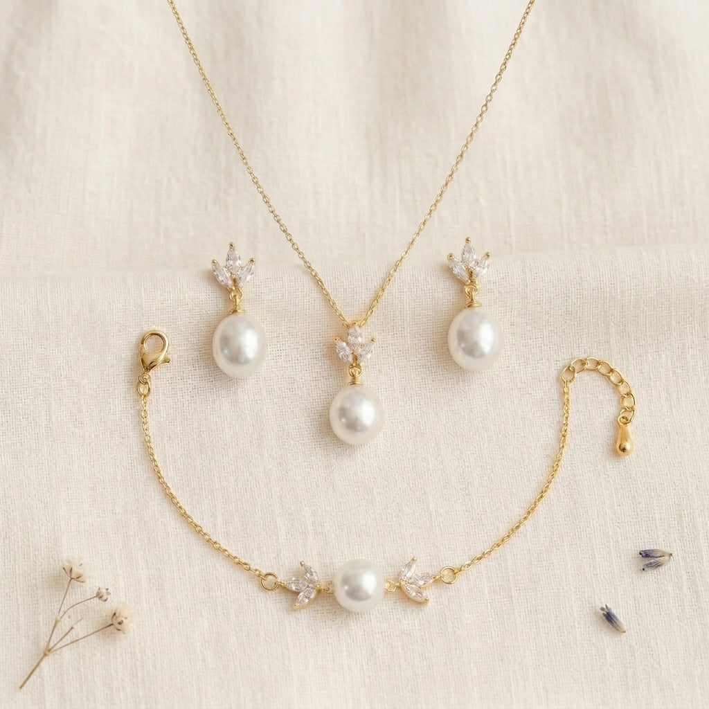 18K Gold Teardrop Pearl Necklace with CZ Accent