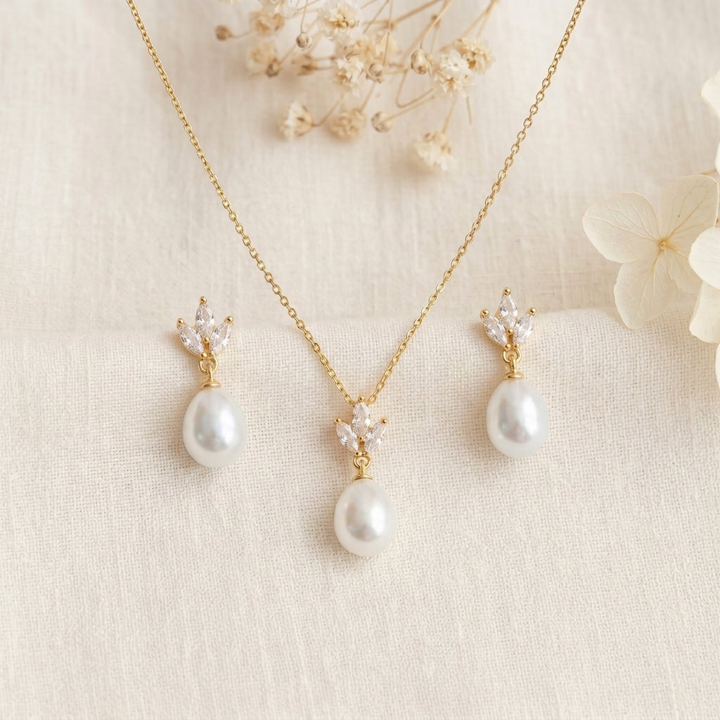 18K Gold Teardrop Pearl Necklace with CZ Accent
