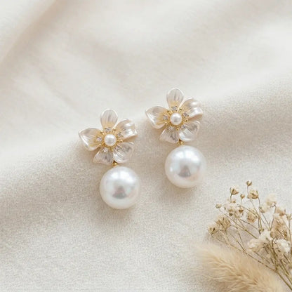Floral Pearl Drop Earrings | Gold Bridal Jewelry