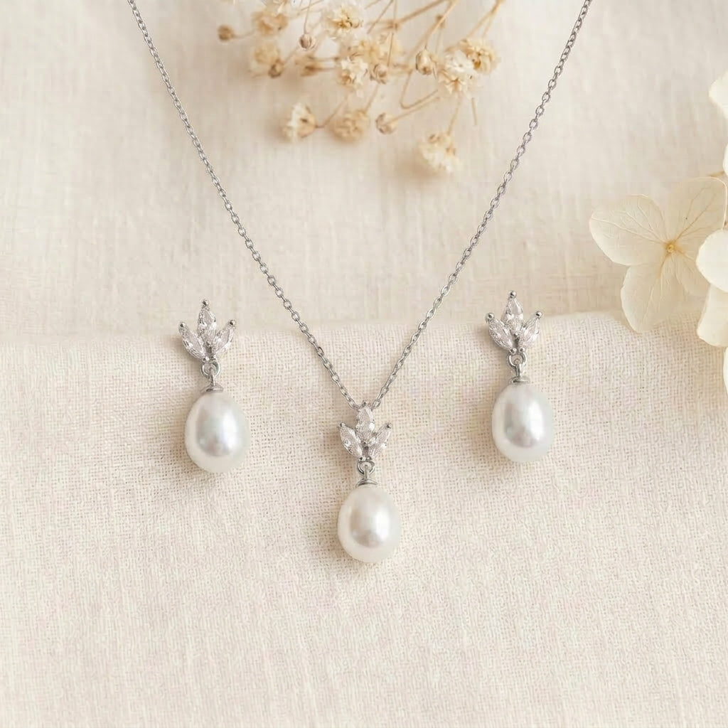 18K Gold Teardrop Pearl Necklace with CZ Accent