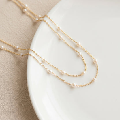 Double Layer Natural Pearl Necklace in 925 Sterling Silver
