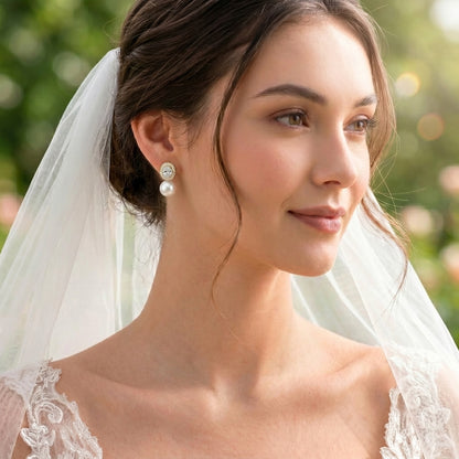 Freshwater Pearl Drop Earrings with Zircon Halo & Silver Needle