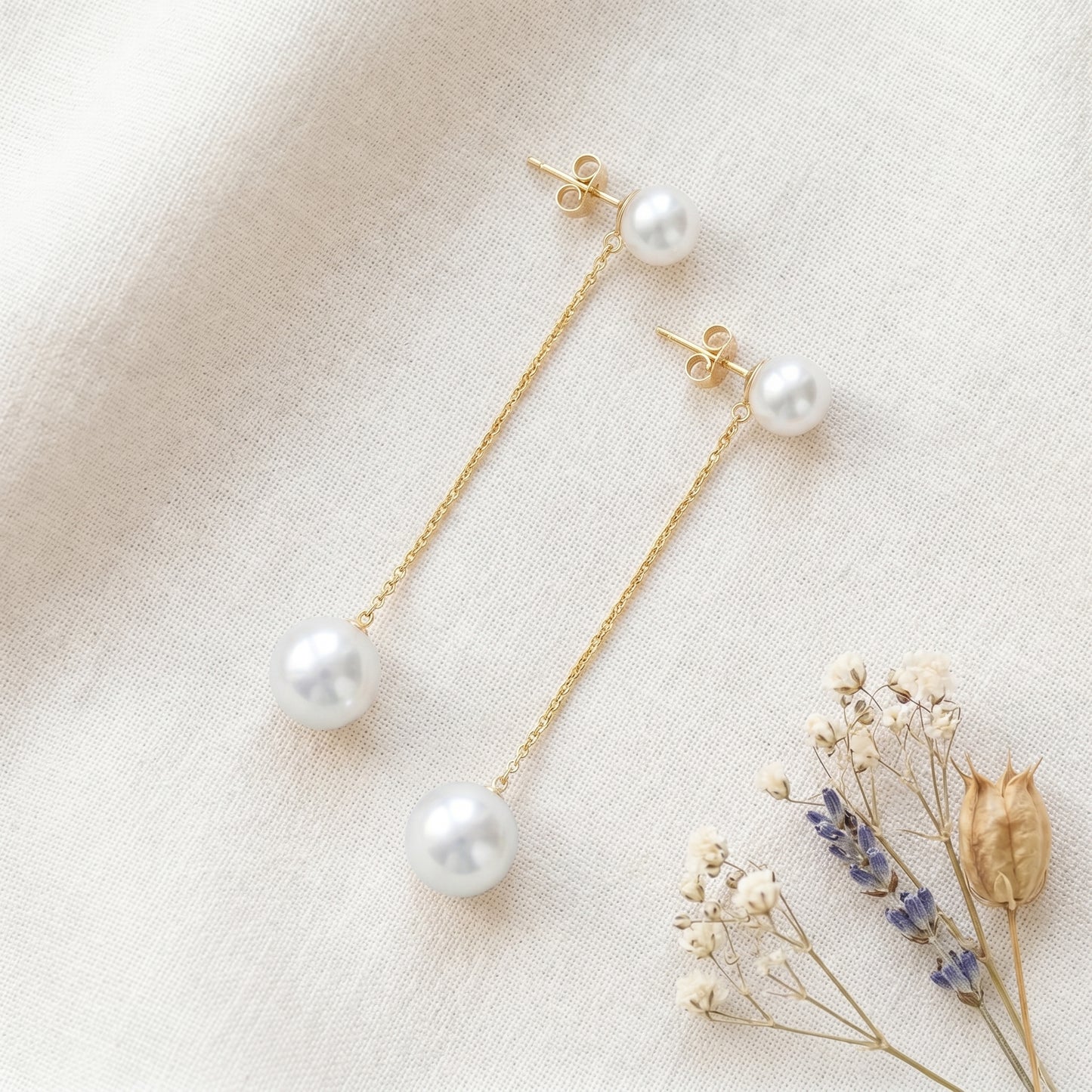 Freshwater Pearl Chain Drop Earrings in 14K Gold Plated | 925 Sterling Silver