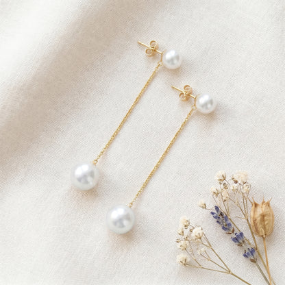 Freshwater Pearl Chain Drop Earrings in 14K Gold Plated | 925 Sterling Silver