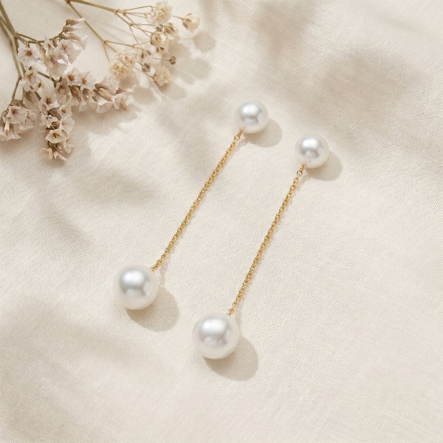 Freshwater Pearl Chain Drop Earrings in 14K Gold Plated | 925 Sterling Silver