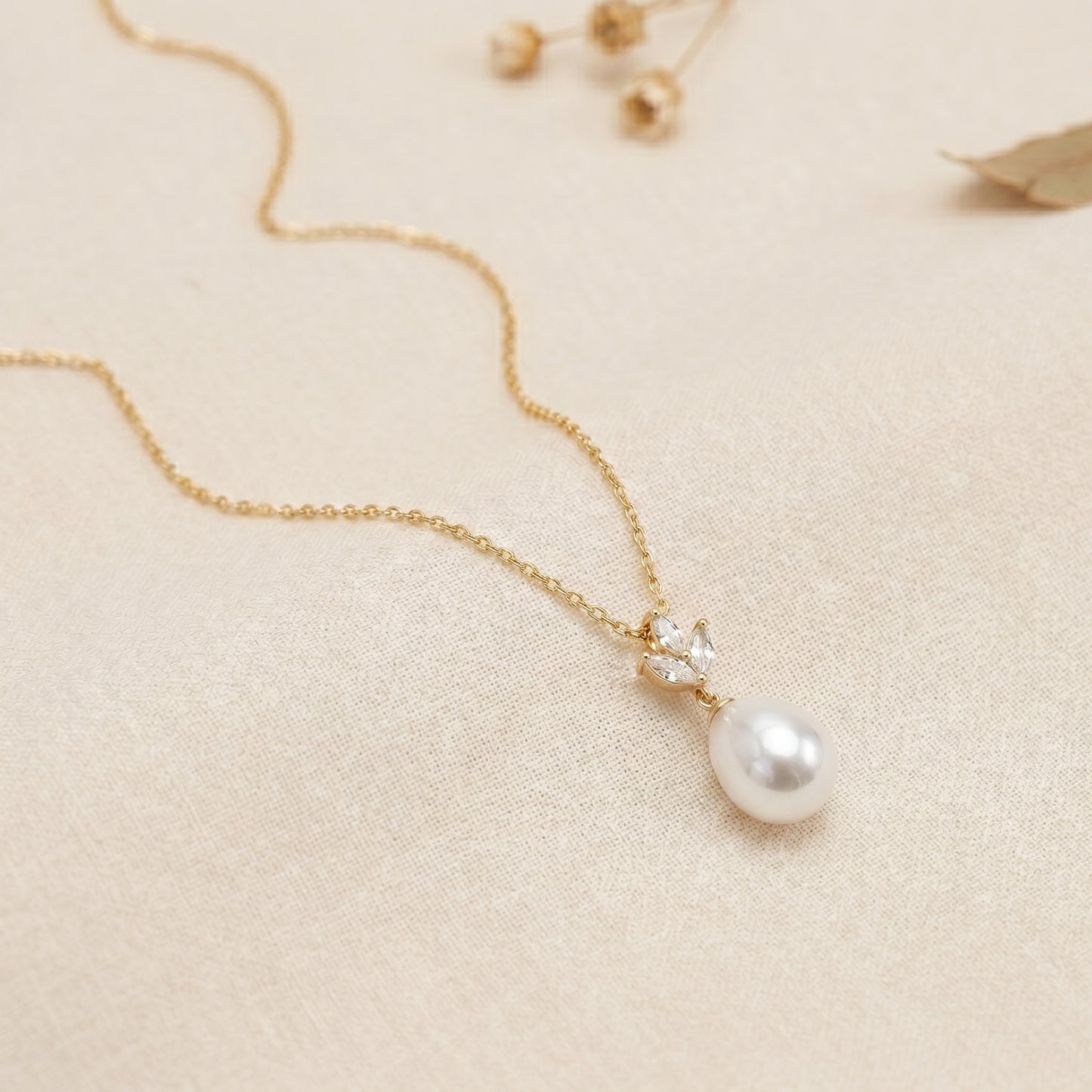 18K Gold Teardrop Pearl Necklace with CZ Accent