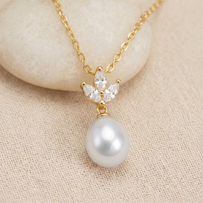 18K Gold Teardrop Pearl Necklace with CZ Accent