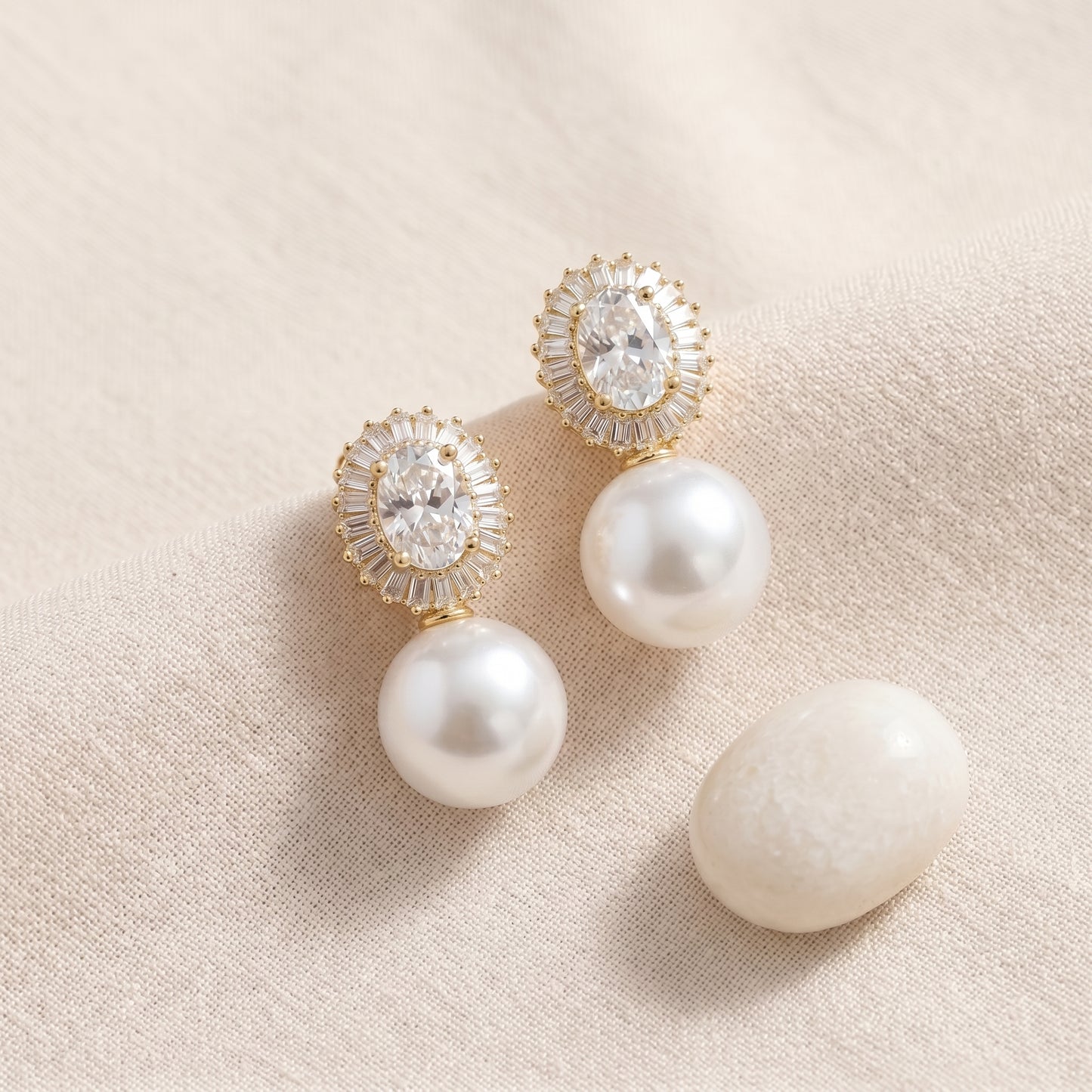 Freshwater Pearl Drop Earrings with Zircon Halo & Silver Needle