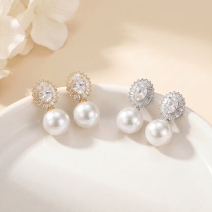 Freshwater Pearl Drop Earrings with Zircon Halo & Silver Needle