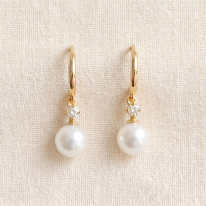 Freshwater Pearl Hoop Earrings with Zircon Charm