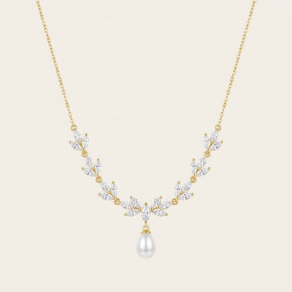 Gold Leaf Freshwater Pearl Necklace | CZ Bridal Necklace & Matching Set