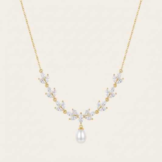 Gold Leaf Freshwater Pearl Necklace | CZ Bridal Necklace & Matching Set