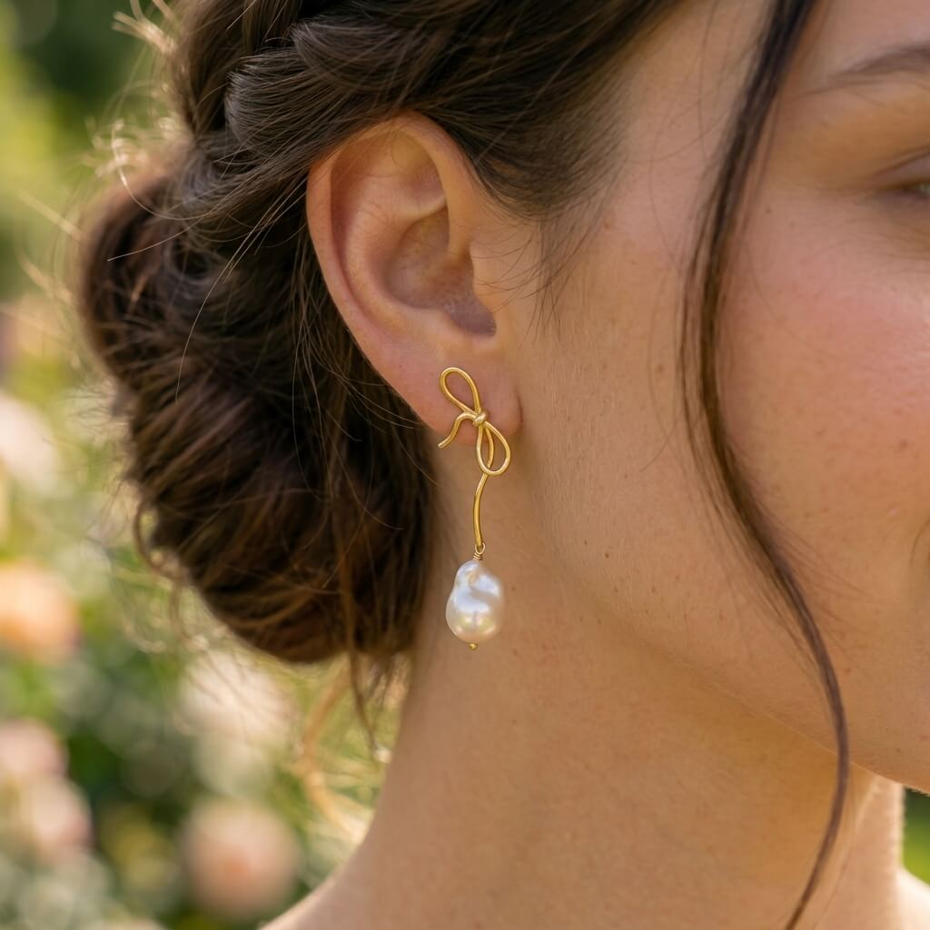 Bow Baroque Pearl Drop Earrings in 14K Gold Plated | 925 Sterling Silver