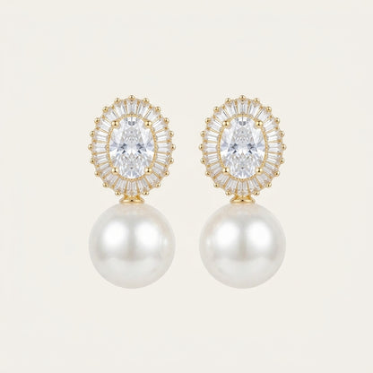 Freshwater Pearl Drop Earrings with Zircon Halo & Silver Needle