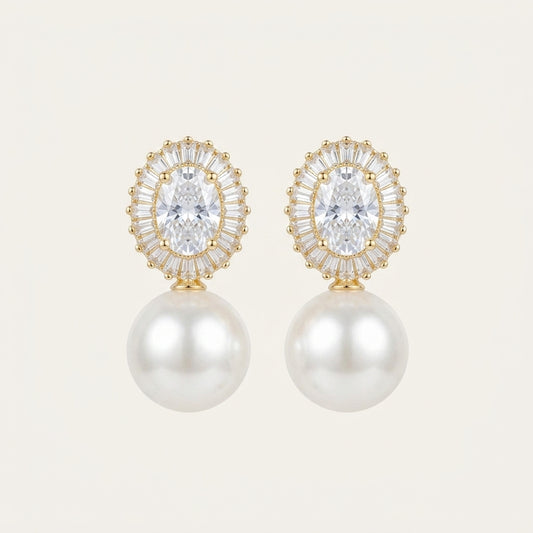 Freshwater Pearl Drop Earrings with Zircon Halo & Silver Needle