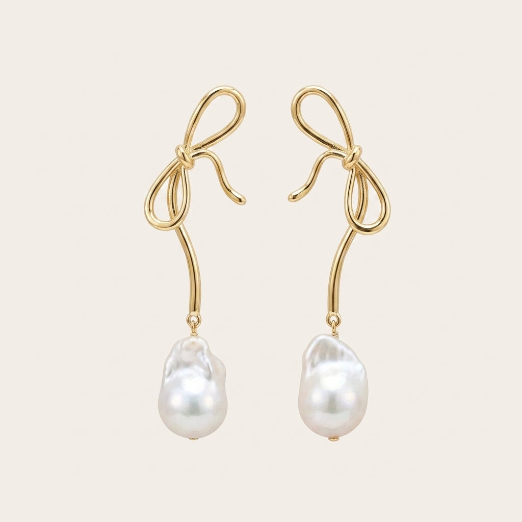 Bow Baroque Pearl Drop Earrings in 14K Gold Plated | 925 Sterling Silver