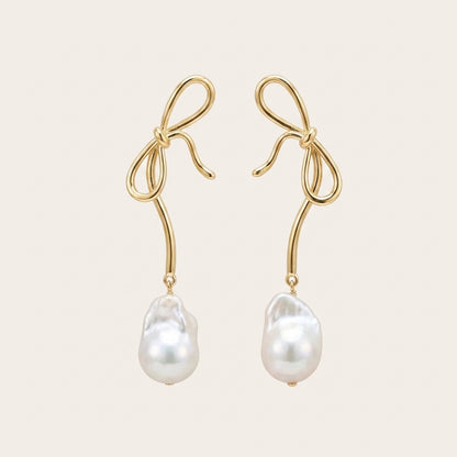 Bow Baroque Pearl Drop Earrings in 14K Gold Plated | 925 Sterling Silver