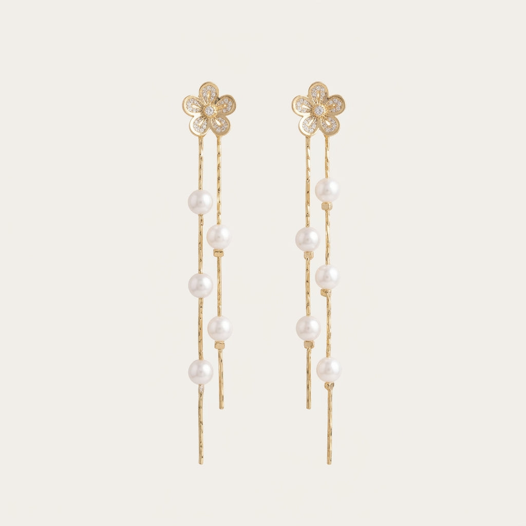 Flower Pearl Drop Earrings in 14K Gold Plated
