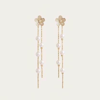 Flower Pearl Drop Earrings in 14K Gold Plated