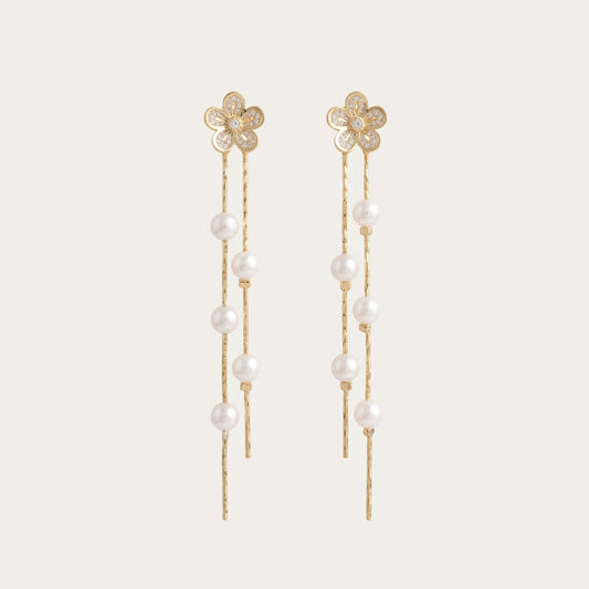 Flower Pearl Drop Earrings in 14K Gold Plated