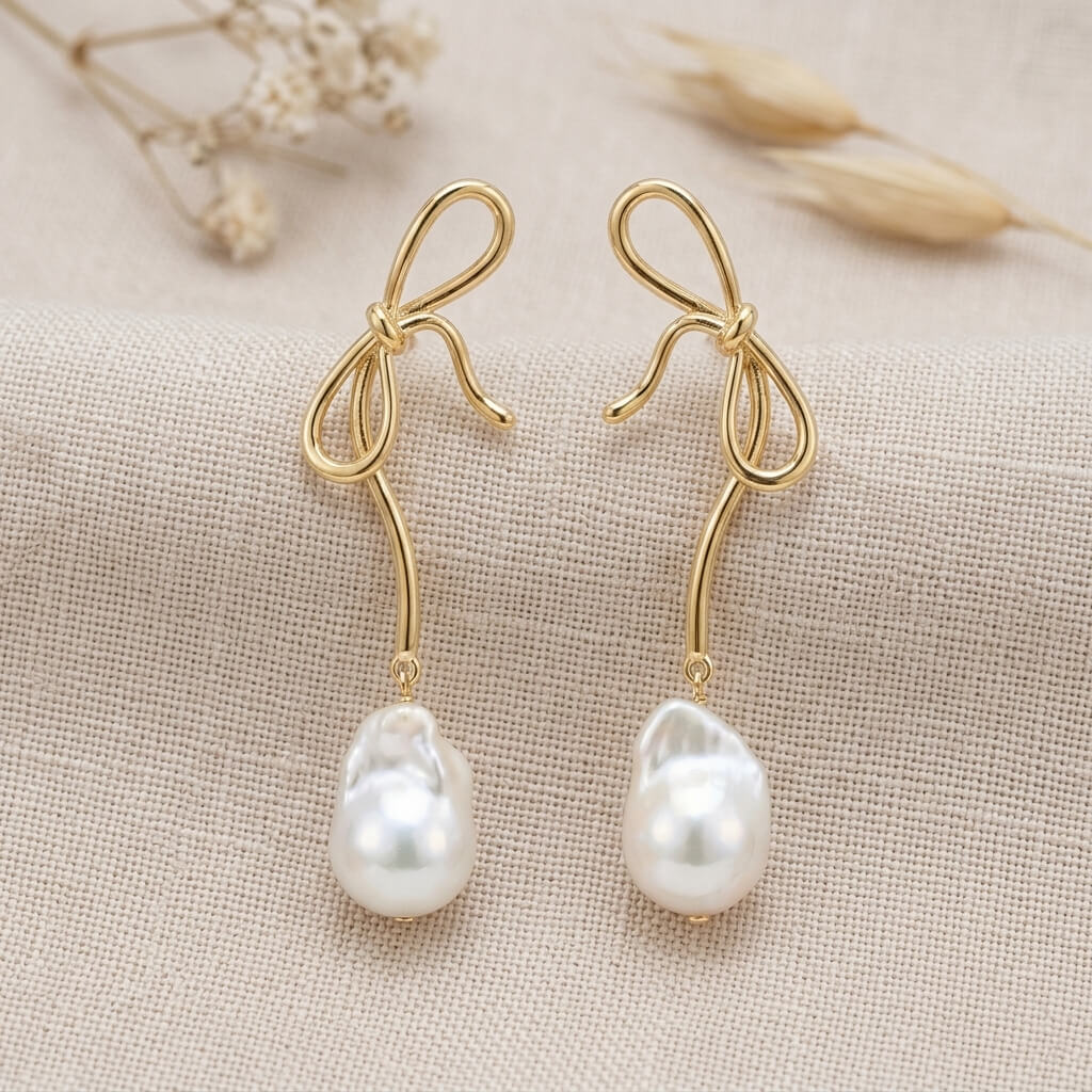 Bow Baroque Pearl Drop Earrings in 14K Gold Plated | 925 Sterling Silver