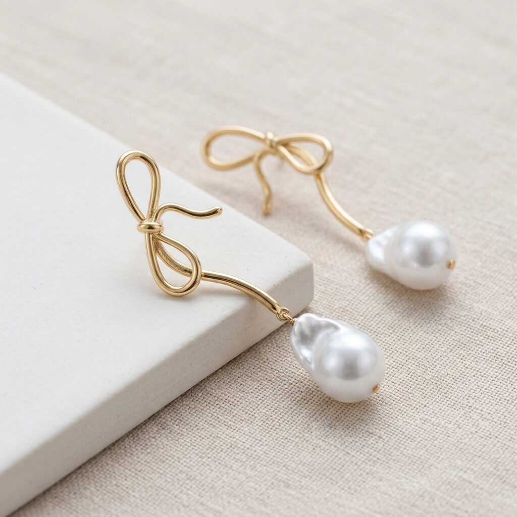 Bow Baroque Pearl Drop Earrings in 14K Gold Plated | 925 Sterling Silver