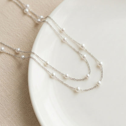 Double Layer Natural Pearl Necklace in 925 Sterling Silver