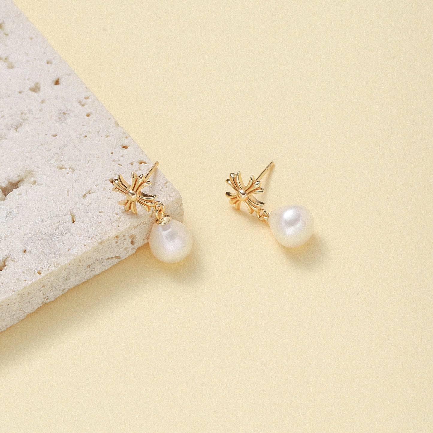 Teardrop Pearl Earrings with Cross Stud