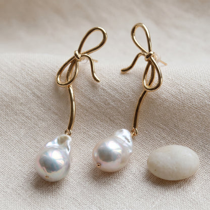 Bow Baroque Pearl Drop Earrings in 14K Gold Plated | 925 Sterling Silver