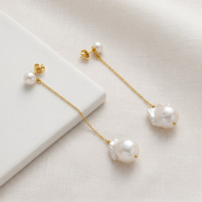 Baroque Pearl Chain Drop Earrings in Gold Plated | 925 Sterling Silver