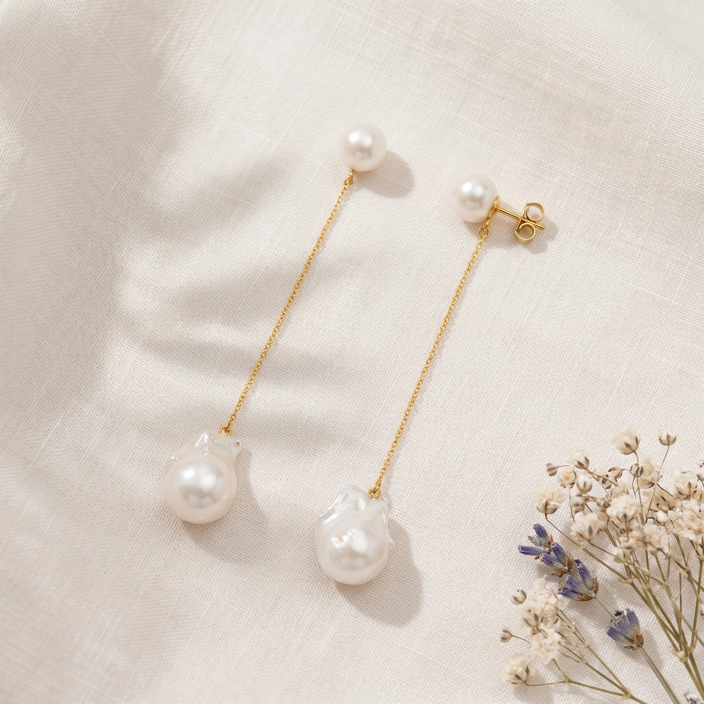 Baroque Pearl Chain Drop Earrings in Gold Plated | 925 Sterling Silver