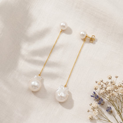 Baroque Pearl Chain Drop Earrings in Gold Plated | 925 Sterling Silver