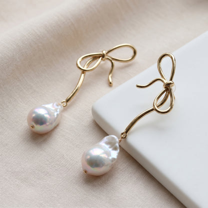 Bow Baroque Pearl Drop Earrings in 14K Gold Plated | 925 Sterling Silver