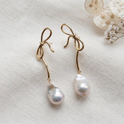Bow Baroque Pearl Drop Earrings in 14K Gold Plated | 925 Sterling Silver