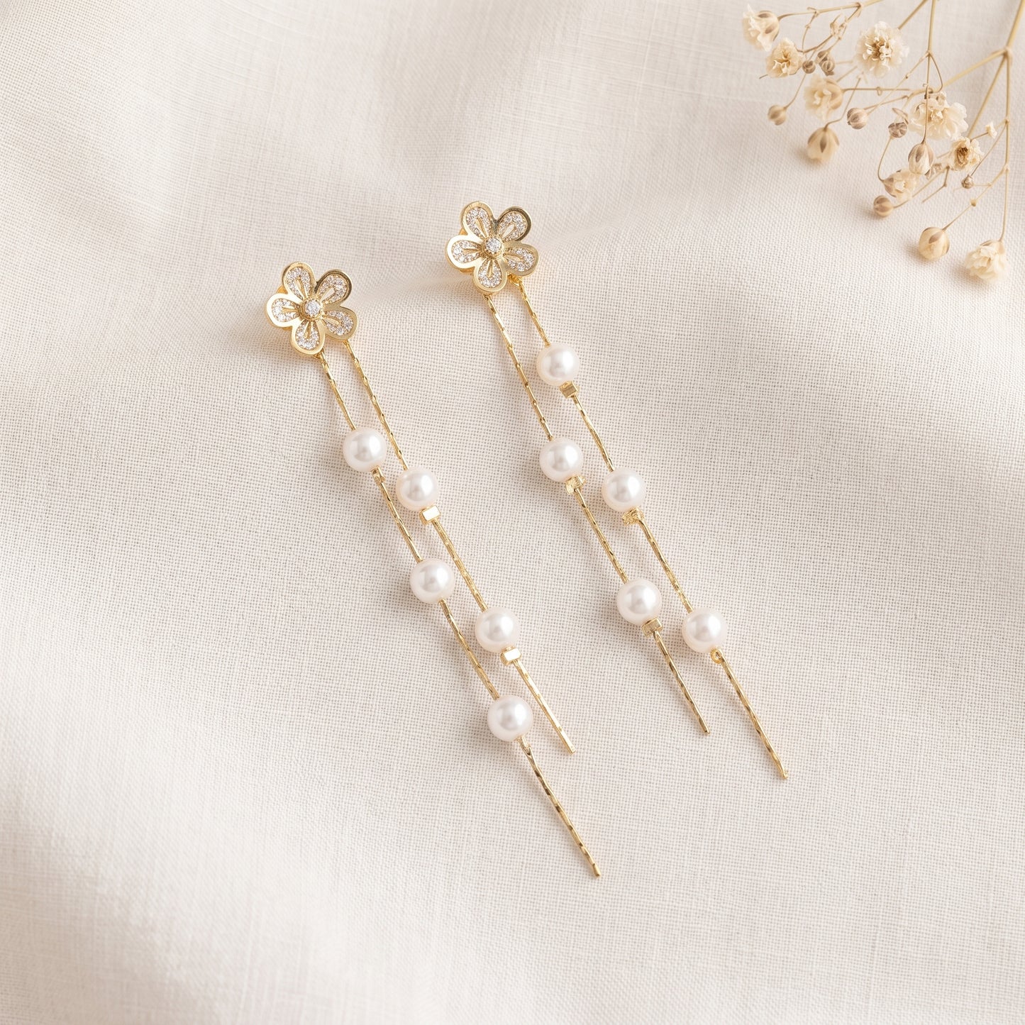 Flower Pearl Drop Earrings in 14K Gold Plated