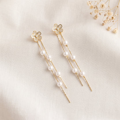 Flower Pearl Drop Earrings in 14K Gold Plated