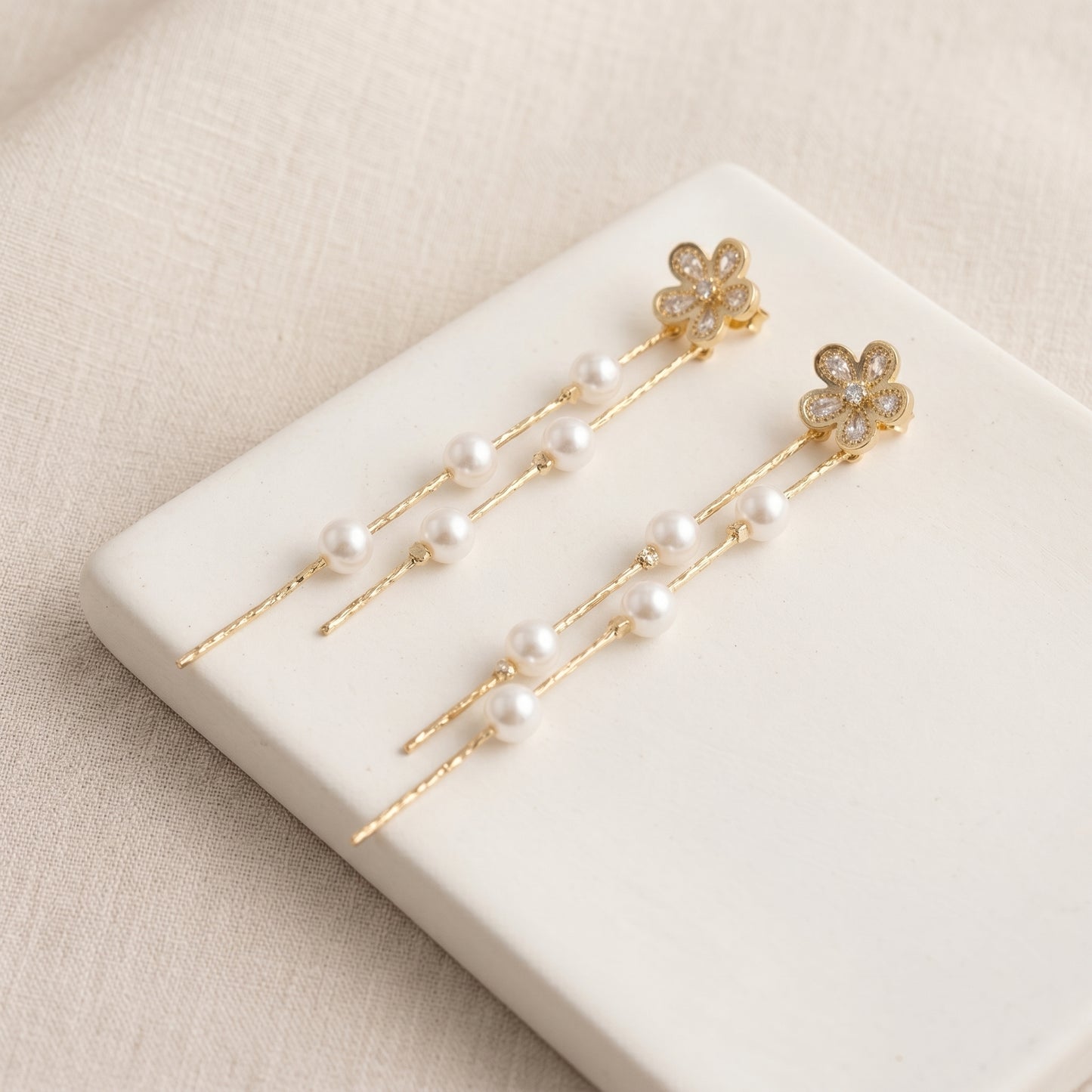 Flower Pearl Drop Earrings in 14K Gold Plated