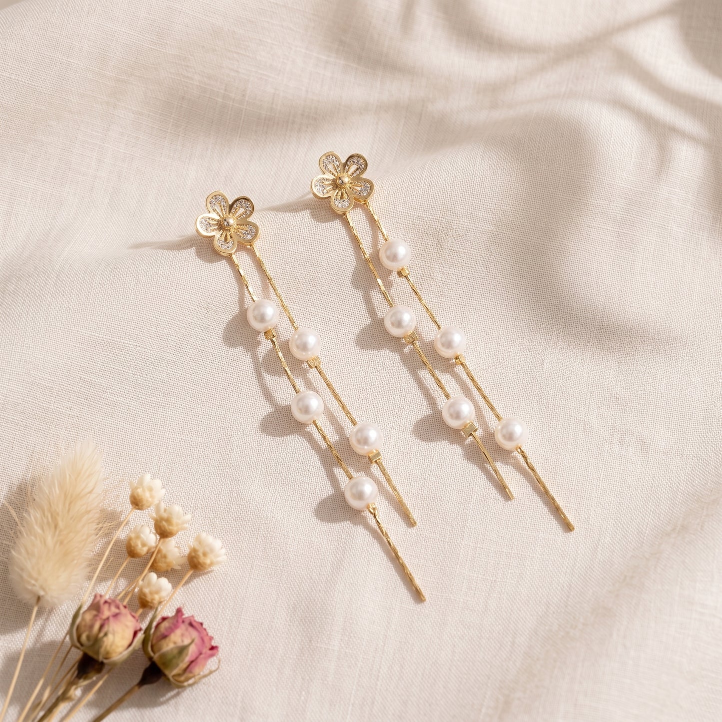Flower Pearl Drop Earrings in 14K Gold Plated