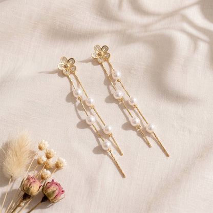 Flower Pearl Drop Earrings in 14K Gold Plated