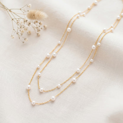 Double Layer Natural Pearl Necklace in 925 Sterling Silver