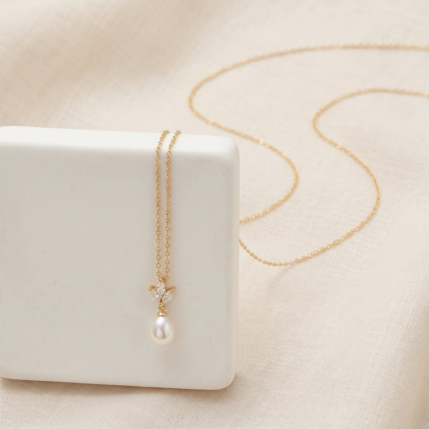 18K Gold Teardrop Pearl Necklace with CZ Accent